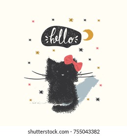 Cute little black cat.cartoon hand drawn vector illustration. Can be used for baby t-shirt print, fashion print design, kids wear, shower celebration greeting and invitation card.