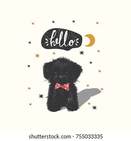 Cute little black dog puppy..cartoon hand drawn vector illustration. Can be used for baby t-shirt print, fashion print design, kids wear, shower celebration greeting and invitation card.