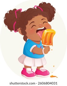 Cute Little Black Girl with Curly Hair Eating Orange Creamsicle. Chibi Cartoon Character Vector Art