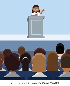 Cute little black girl gives a speech on the podium about bullying and racism emotional. Flat vector illustration isolated