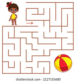 A cute little black girl is looking for a way to the ball through the maze. Find a way out of the labyrinth. Educational game for children. Cartoon vector illustration, color clipart