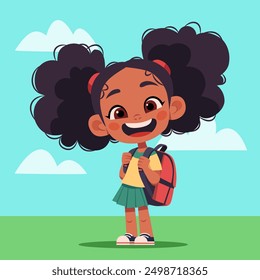 Cute little black girl with a school satchel goes to school. Cartoon vector illustration. Back to school. Summer background with sky clouds and green grass.