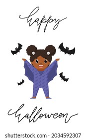 Cute little black girl in witch costume for Halloween party. Funny baby character vector postcard.