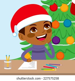 Cute Little Black Kid Boy Writing Christmas Letter To Santa Claus