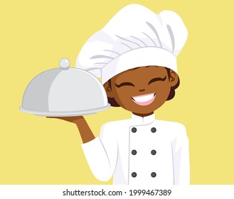 Cute little black kid chef cooking holding food tray