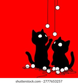 Cute little black kittens playing with Christmas garland flat vector illustration. Kawaii cute cartoon pet. Merry Christmas. Greeting card and postcard template. Vector flat design Red background.