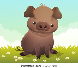 Cute little black pig sitting on grass and daisies. Clouds and blue sky background. Vector illustration.