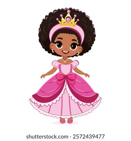 Cute little black princess with beautiful eyes in pink dress and golden crown. Isolate on white background, Vector illustration in flat drawn cartoon style