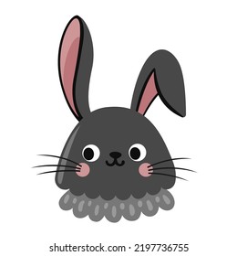 Cute little black rabbit head flat vector illustration. Bunny cartoon character portrait.