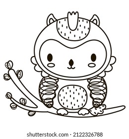 Cute little black and white cartoon owlet sitting on a branch. Children's isolated outline clipart. For coloring book or page. Forest monochrome nocturnal bird in Scandinavian style. Vector.