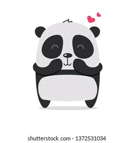 Cute little black and white kawaii Panda is smiling. Hugs from a warm fluffy baby panda. Love and hearts. Flat hand drawn illustration kid's poster. Cartoon animal character set. Child theme.