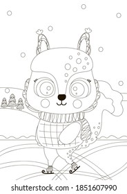 A cute little black and white squirrel ice skating in the forest. Rectangular cartoon Christmas coloring page. Outline illustration for kids. A4. Vector.