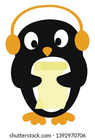 Cute little black-colored penguin listening to music with yellow earphones  vector  color drawing or illustration