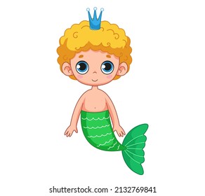 Cute little blond boy with a green mermaid tail. Vector illustration of magic character in cartoon childish style. Isolated funny clipart on white background. Cute mermaid boy print