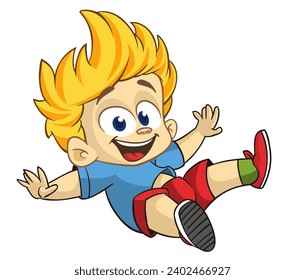 Cute little blond boy waving and smiling. Vector cartoon  
illustration of a teenager in casual street clothes presenting. Outlined.