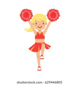 Cute little blond cheerleader girl dancing with red pompoms. Colorful cartoon character vector Illustration