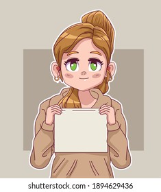 cute little blond girl comic manga character lifting protest label vector illustration design