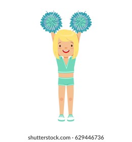 Cute little blond girl dancing with blue pompoms. Colorful cartoon character vector Illustration