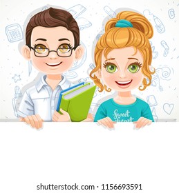 Cute little blond girl in green tee-shirt and brunette boy in glasses holds large white horizontal banner on a white background with school doodles