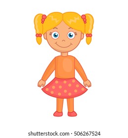 Cute little blond girl with tails in red skirt