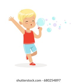 Cute little blonde boy blowing bubbles vector Illustration