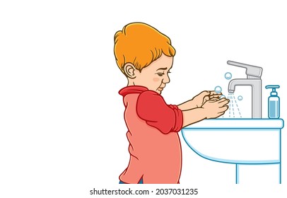 Cute little blonde boy washing his hands with liquid soap on sink, cleaning, bathroom, prevent infection, Wash your hands to be free from disease concept. Vector illustration isolated on background.