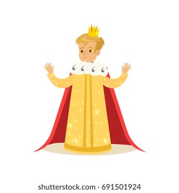 Cute little blonde boy wearing a king costume, fairytale costume for party or holiday vector Illustration