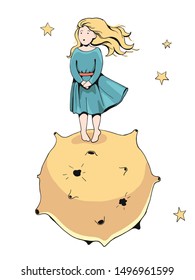 a cute little blonde girl in blue dress standing alone on a yellow desert planet with stars shining in the sky - hand drawn flat vector illustration