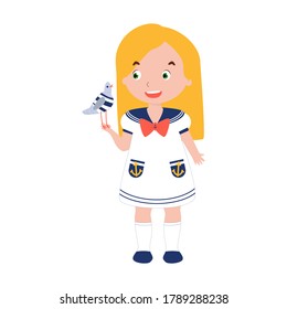 Cute little blonde girl character wearing a sailor suit of 1950s fashion. Sailor kid holds a seagull on the hand. Vector isolated object on white background.