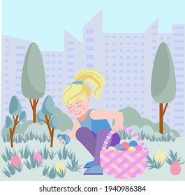 Cute little blonde girl collects Easter eggs in a basket in a garden.  a girl is looking for Easter eggs in a spring park. Vector illustration in a flat cartoon style. Easter characters.