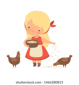 Cute Little Blonde Girl Feeding Hens with Corn, Adorable Kid Caring for Animal at Farm Cartoon Vector Illustration