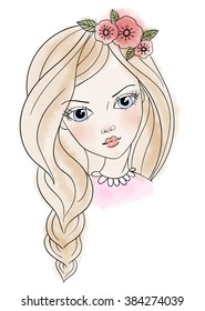 Cute little blonde girl with flowers in hair. Vector illustration.