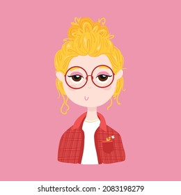 Cute little blonde girl in glasses and a plaid shirt. Fashionable character in a simple hand-drawn style on a pink background. Vector illustration in a colorful palette, ideal for printing baby cards.