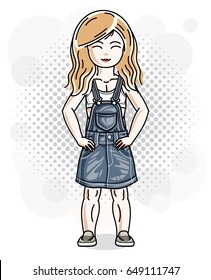 Cute little blonde girl in jeans wear. Vector illustration of human standing.