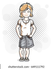 Cute little blonde girl in jeans wear. Vector illustration of human standing.