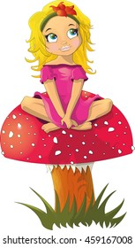 Cute little blonde girl on the fungus