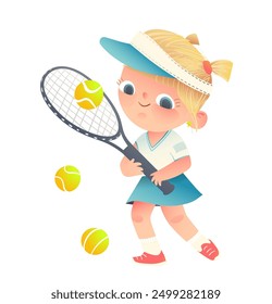 Cute little blonde girl playing tennis, holding a racket and tennis balls. Kids sport activity, character graphic cartoon. Children sports and games vector clip art illustration for kids.