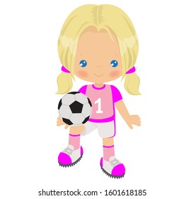 Cute little blonde girl soccer player vector cartoon illustration