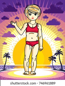 Cute little blonde girl standing on sunset landscape with palms and wearing bath suit. Vector human illustration.