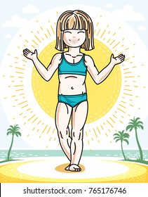 Cute little blonde girl standing on tropical beach with palms. Vector human illustration wearing colorful bathing suit.