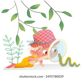 Cute little blonde girl study caterpillar with magnifying glass. Kindergarten girl play with caterpillar pet, character illustration. Kids vector graphic illustration for children, hand drawn cartoon.