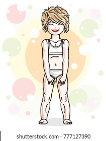 Cute little blonde girl in underwear standing on colorful backdrop with bubbles and circles. Vector human illustration.