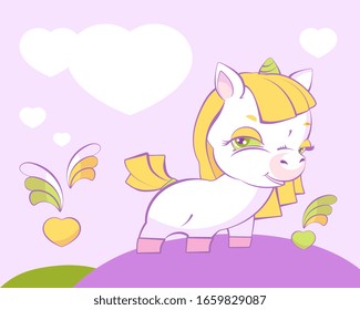 Cute little blonde girl unicorn in love on hearts hills