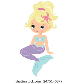 Cute little blonde mermaid vector cartoon illustration