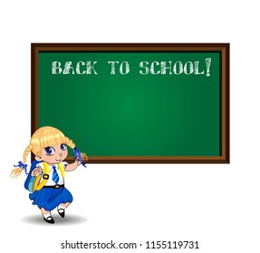 Cute little blonde school girl with braids and big blue eyes wearing uniform with backpack standing near blackboard with chalk inscription back to school and copy space on white background. Vector.