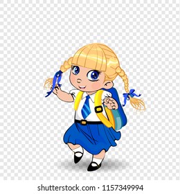 Cute little blonde schoolgirl with braids and big blue eyes wearing uniform with backpack on transparent background. Vector illustration, clip art, template, back to school, teachers day concept.
