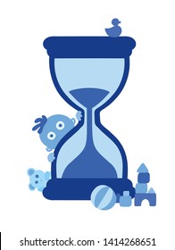 Cute little blue baby boy and the hourglass on white background. Concept of passing time. Child fast development metaphor, babies growing up, grow older. Deadline coming. Simple vector Illustration.