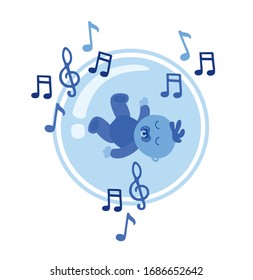 Cute little blue baby boy sleeping in a bubble surrounded by notes on white background. Listening to classical music and lullabies while pregnant. Calm and relaxed cradle song vector Illustration.