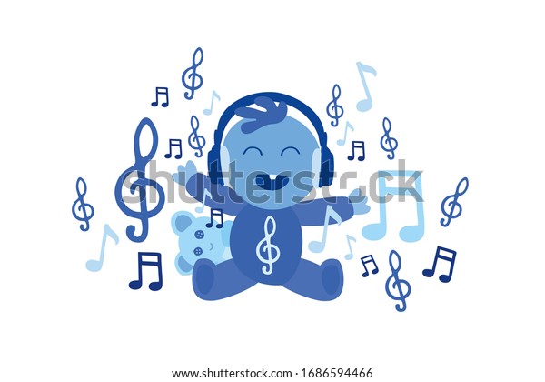 白い背景にかわいい小さな青い男の子と音楽ノート 音楽を聴く才能のある子ども 幼稚園での幼稚園教育 クラシック音楽の才能に恵まれた子どものプロジーベクターイラスト のベクター画像素材 ロイヤリティフリー