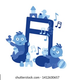 Cute little blue baby boys and a music note on white background. Talente kids listening to classical music, making sounds. Preschool education in kindergarten. Child's imagination vector Illustration.